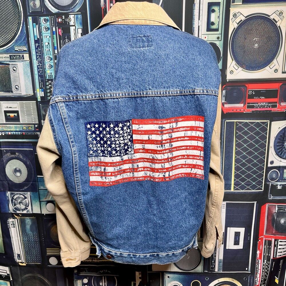 Vintage Y2K WHOA Apparel Jacket Blue/Tan Denim Nashville Jeans USA Flag Jacket S